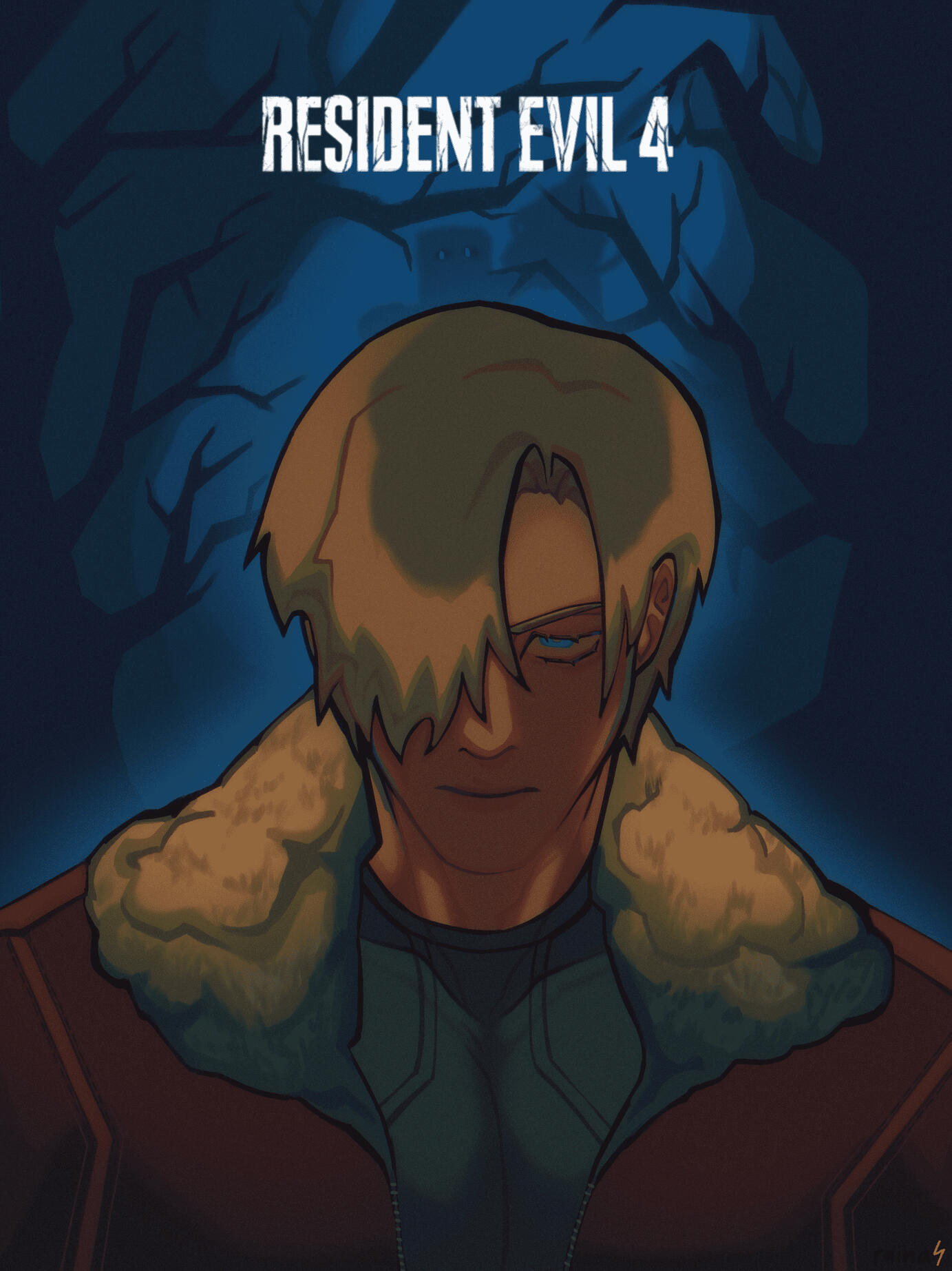 Poster-like illustration of Leon Kennedy as depicted in "Resident Evil 4 Remake" (Mar 2023)