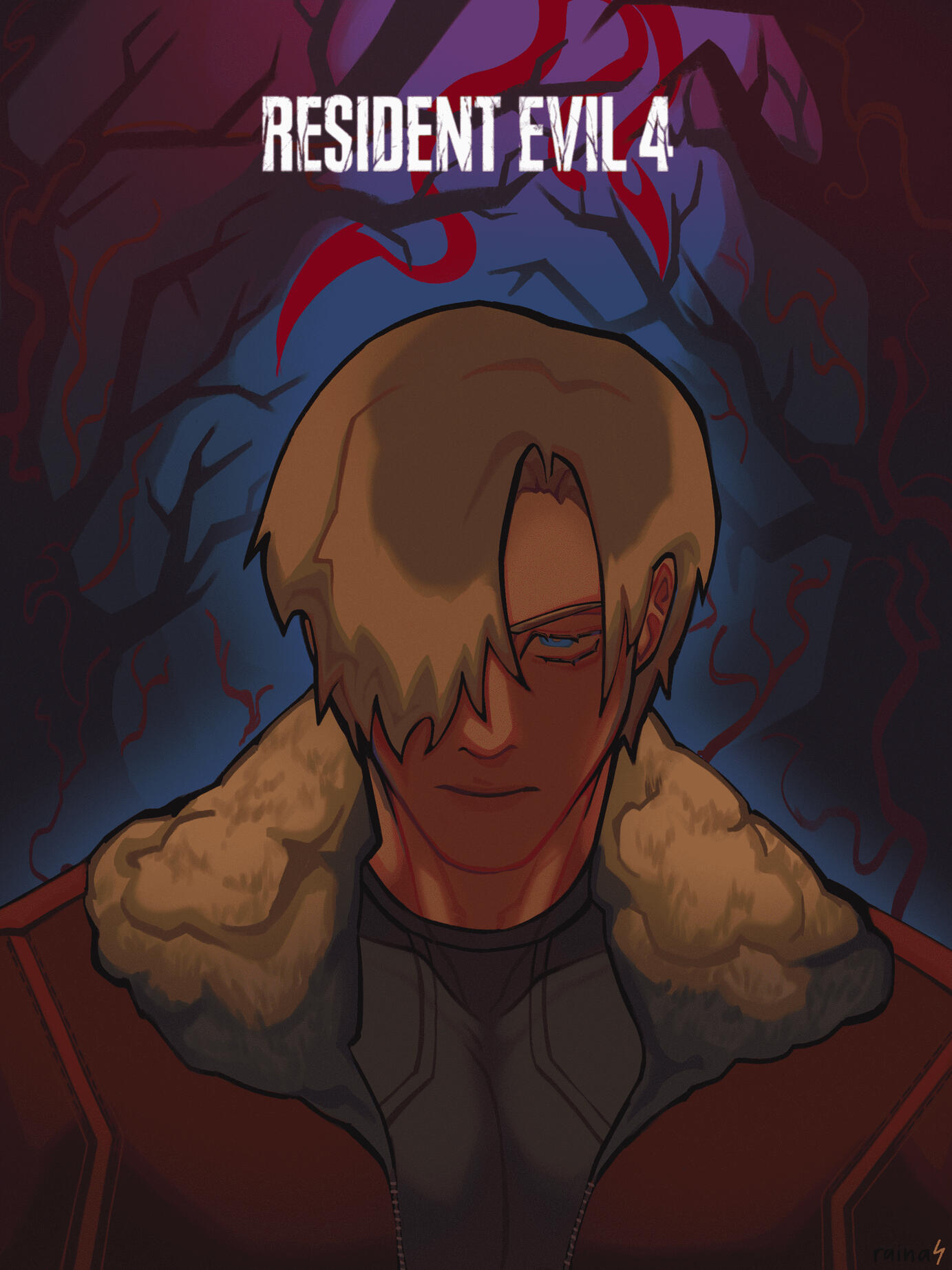 Poster-like illustration of Leon Kennedy as depicted in "Resident Evil 4 Remake" (Mar 2023)