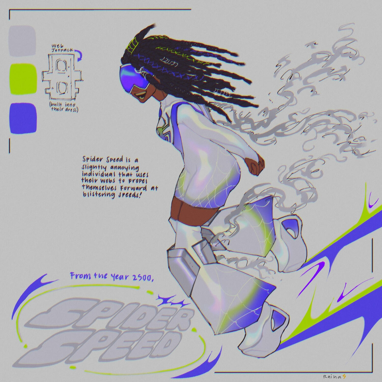 Spider Speed, my Spidersona (Dec 2022) - inspired by late 90s/Y2K futurism