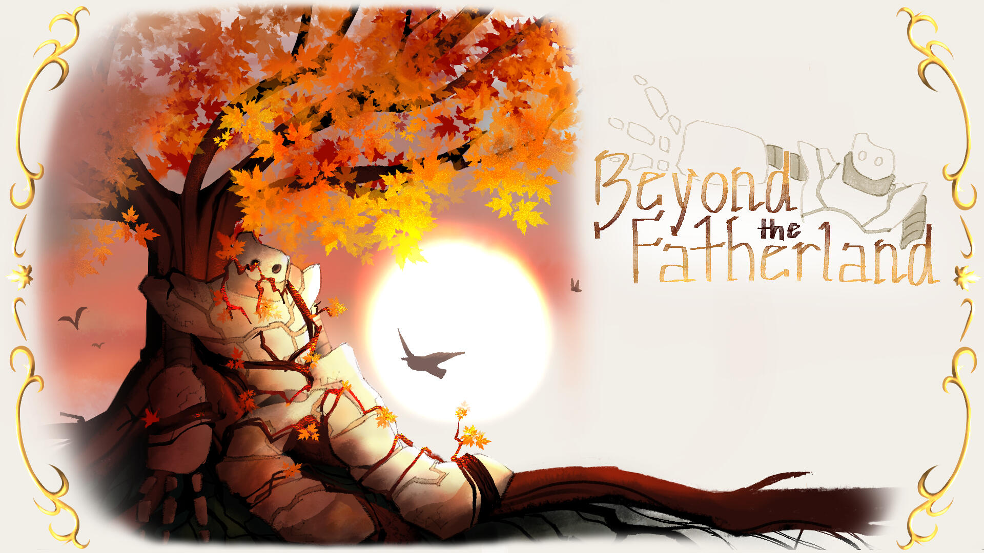 Title screen illustration + logo for Beyond the Fatherland, featuring its ceramic golem mascot (Apr 2025)