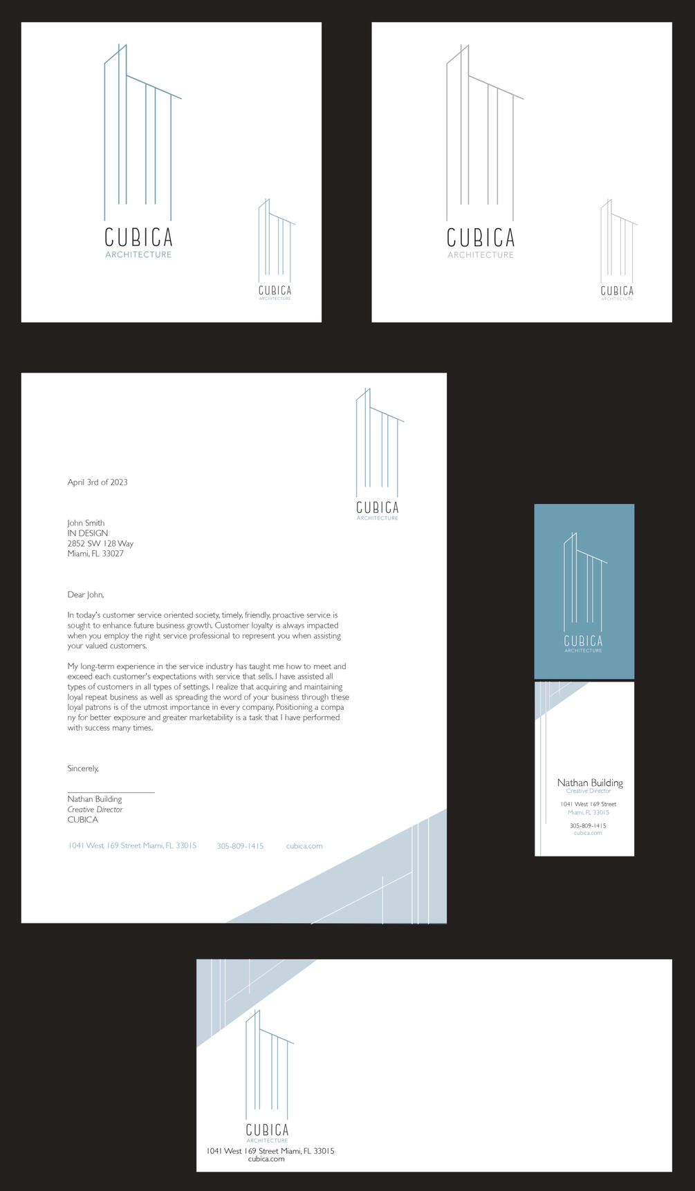 Letter, business card, and envelope designs