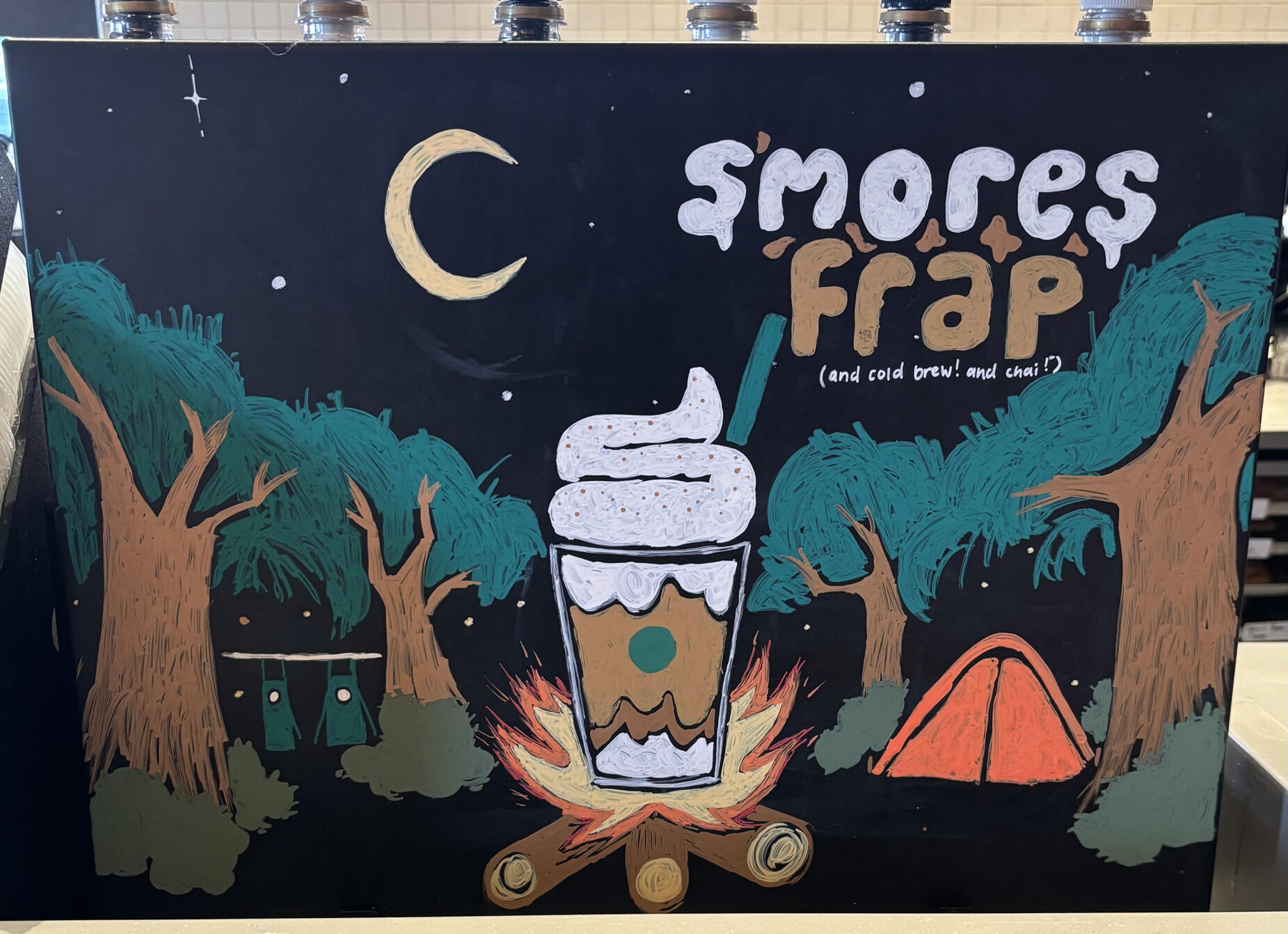 Drawn advertisement for local Starbucks location, for the return of the S'mores line of drinks (July 2026)