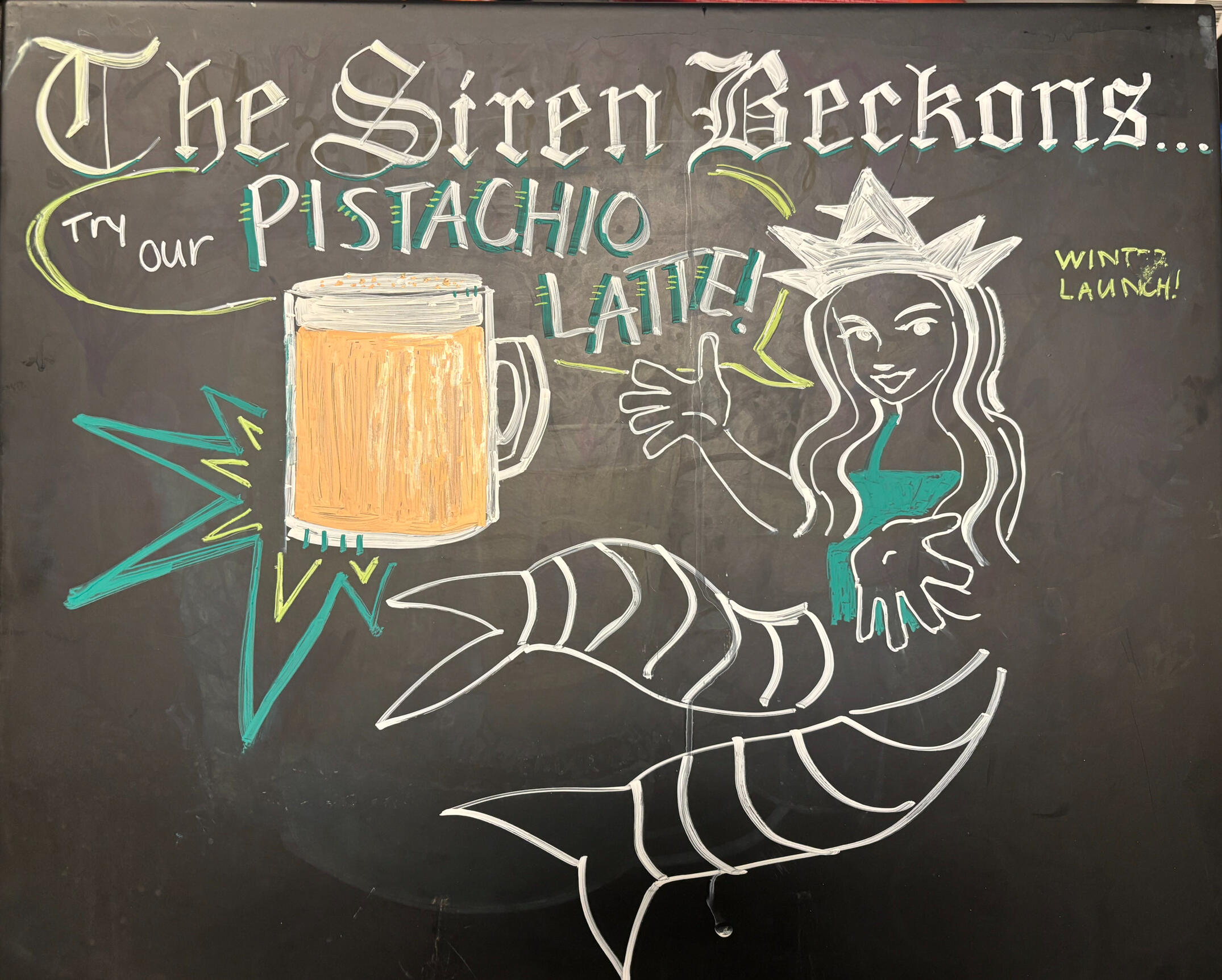 Drawn advertisement for local Starbucks location, for its first Mid-Winter launch (Jan 2026)