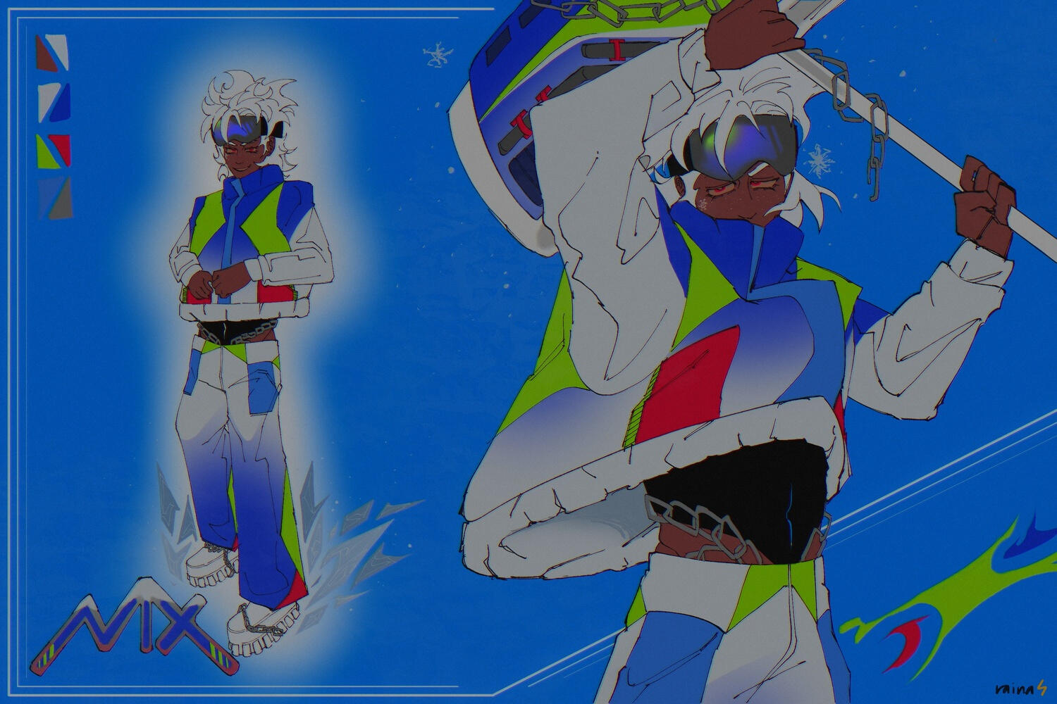Nix, misc. design (Feb 2023) - imagining what a guy in cool video game-esque snowboarding gear would look like