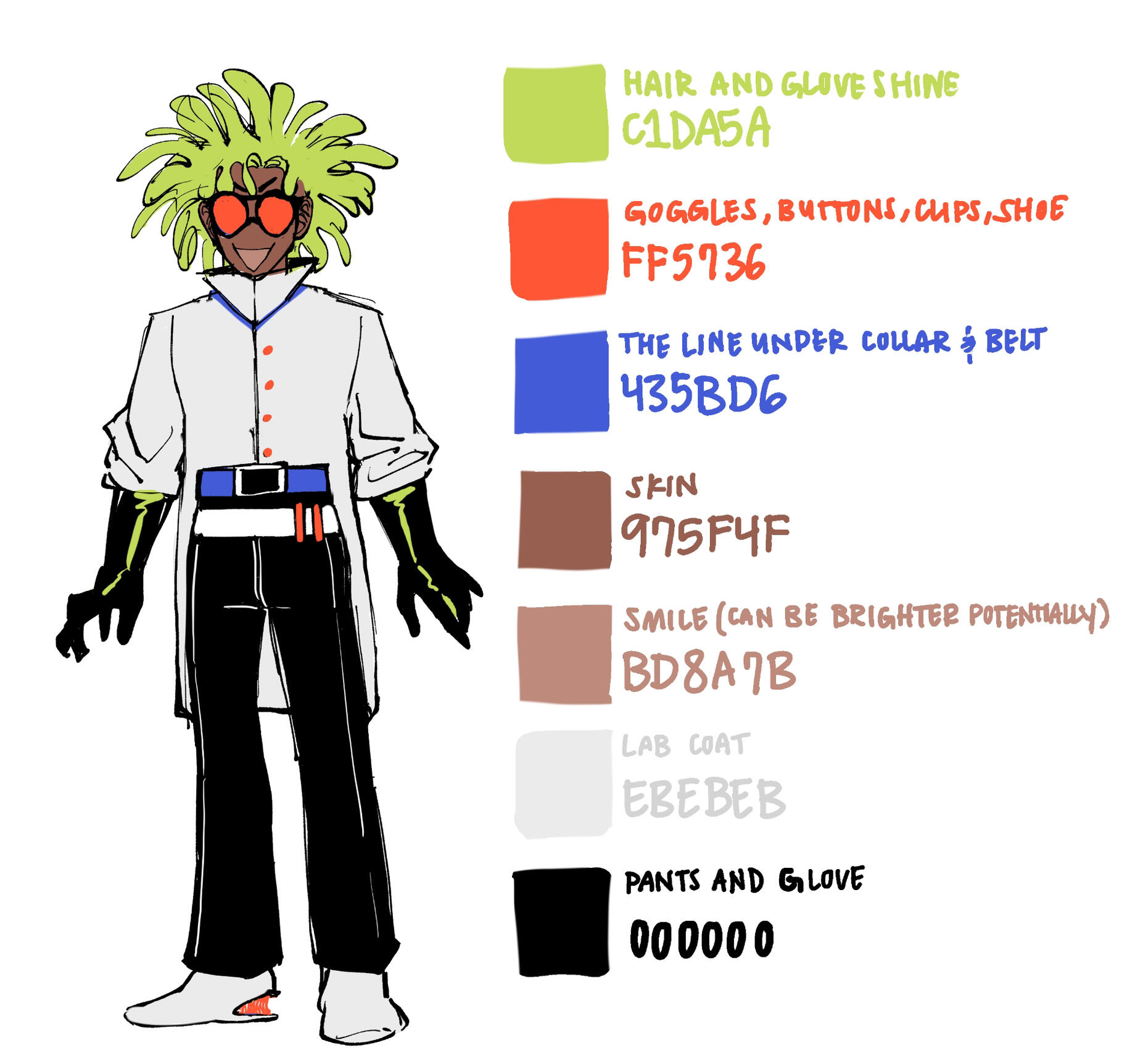 Design and color sheet for the human form of Professor Null, the final boss of Lab Smackdown (Dec 2024)