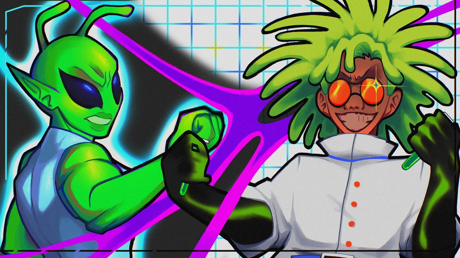 Horizontal loading screen illustration featuring main character Enyo and boss Professor Null for Lab Smackdown (Dec 2024)