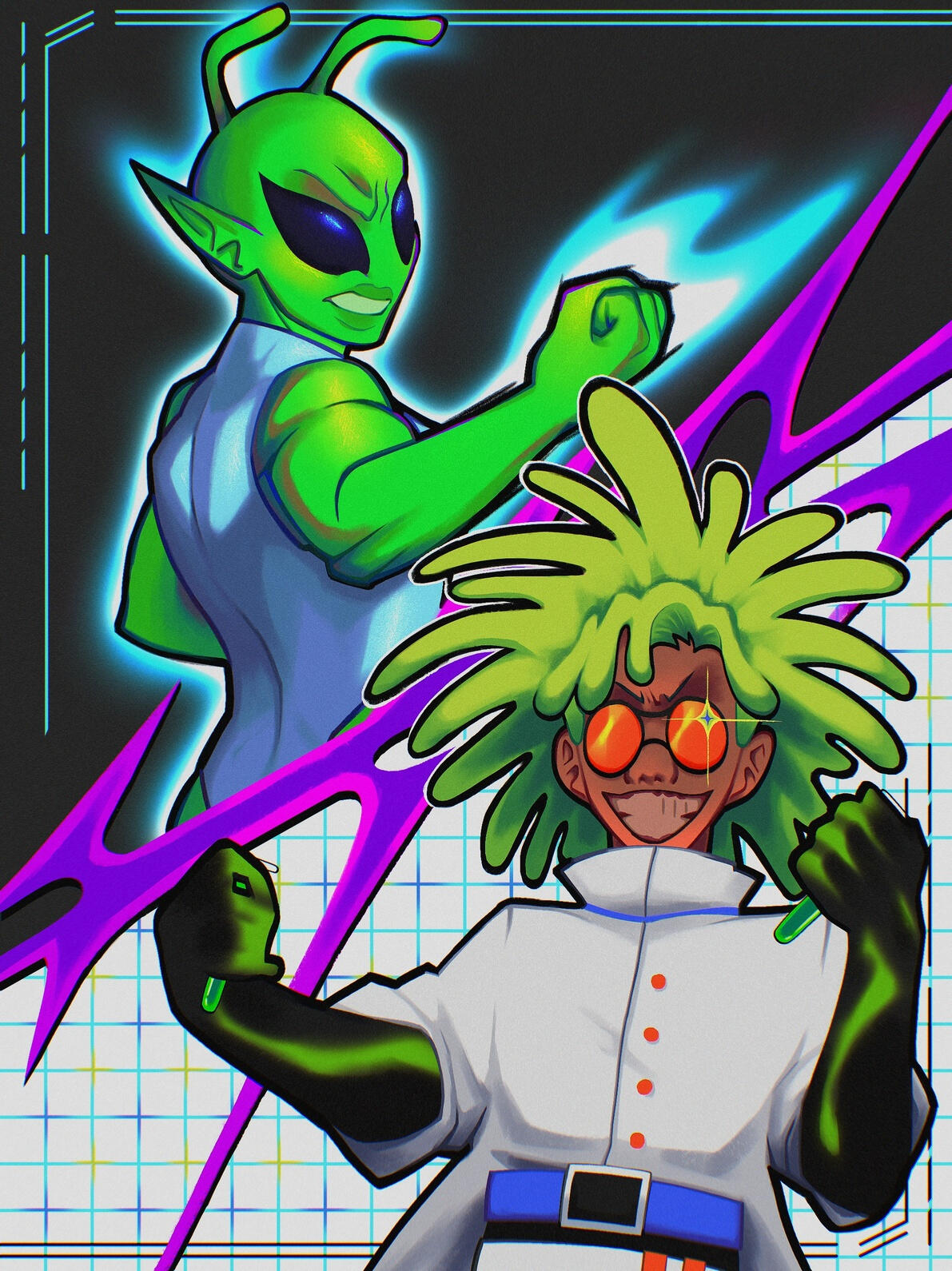 Vertical loading screen illustration featuring main character Enyo and boss Professor Null for Lab Smackdown (Dec 2024)